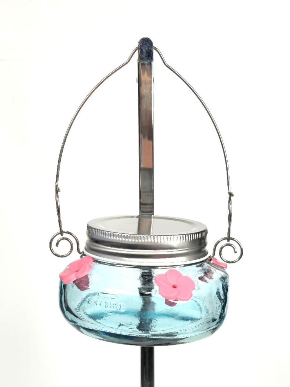 Mason Jar Hummingbird Feeder Blue Glass Hanging Nectar Feeder Pink Flowers